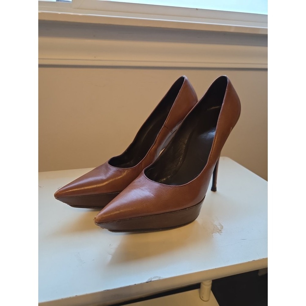 Balenciaga Paris Brown Leather Stiletto Heels Platform Pumps Womens 39 Sharp Toe